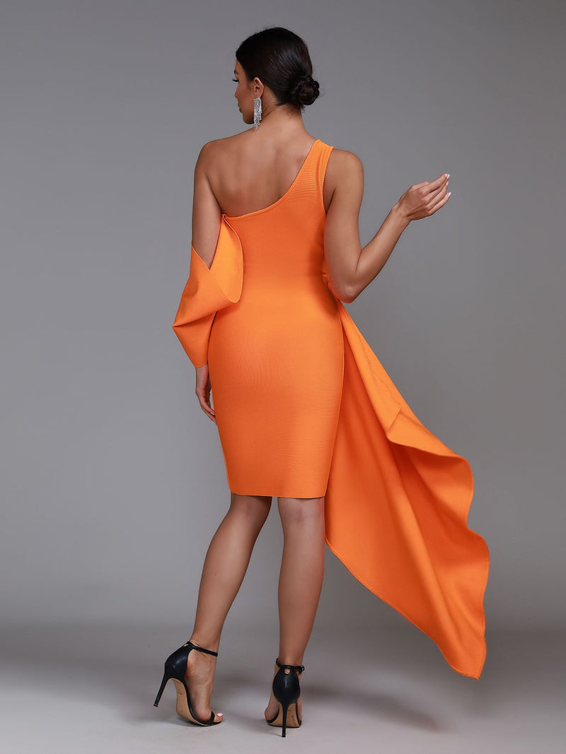Bodycon Ruffle One Shoulder Orange Bandage Dress, ibuyxi.com