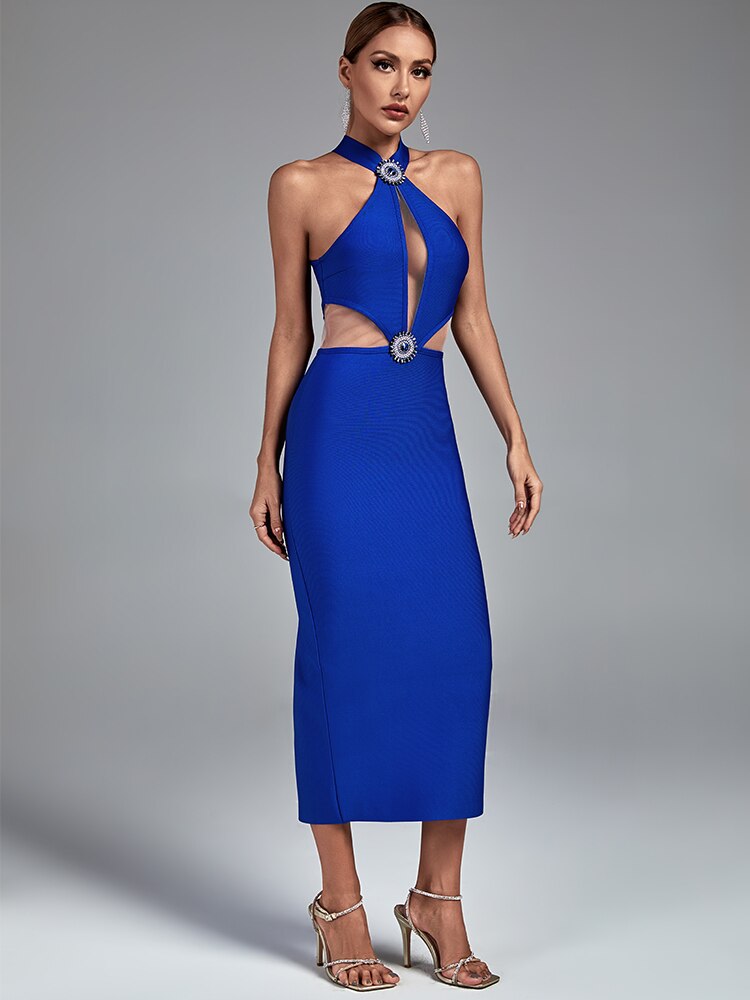 Blue Crystal Cut Out Bandage Outfit Runway, ibuyxi.com