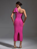 Elegant Ruffle Pink Bandage Midi Bodycon Dress, ibuyxi.com