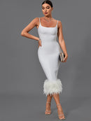 Elegant White Feather Bandage Midi Dress, ibuyxi.com