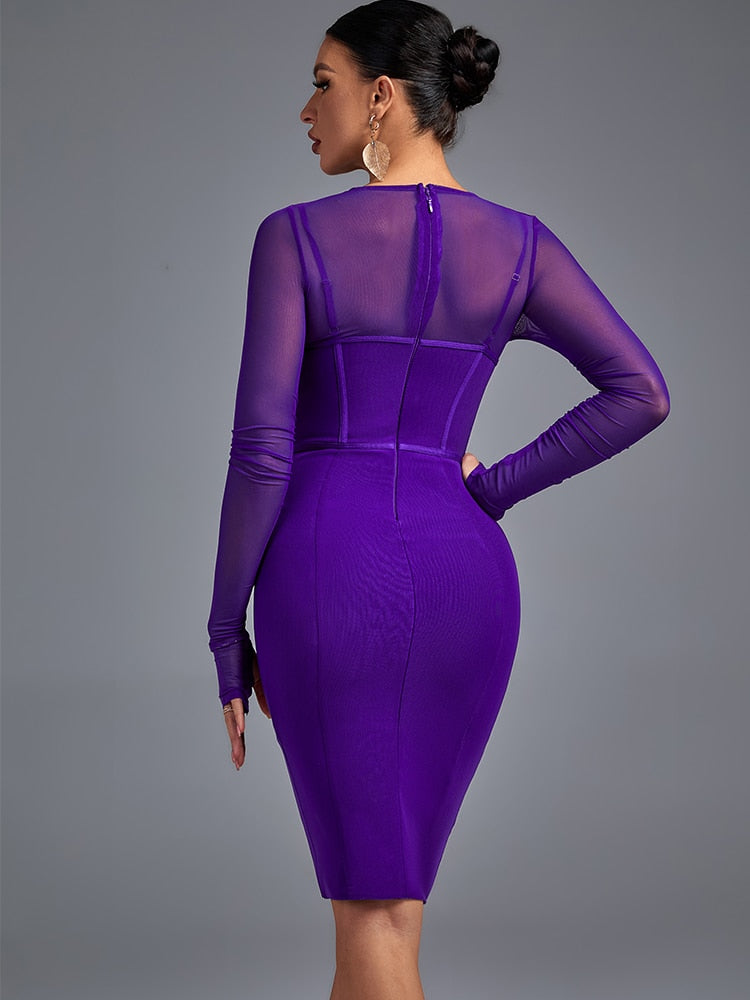 Purple Mesh Long Sleeve Bandage Dress, ibuyxi.com