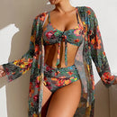 Floral Printed Three Piece Swimsuit Bikini Set, ibuyxi.com