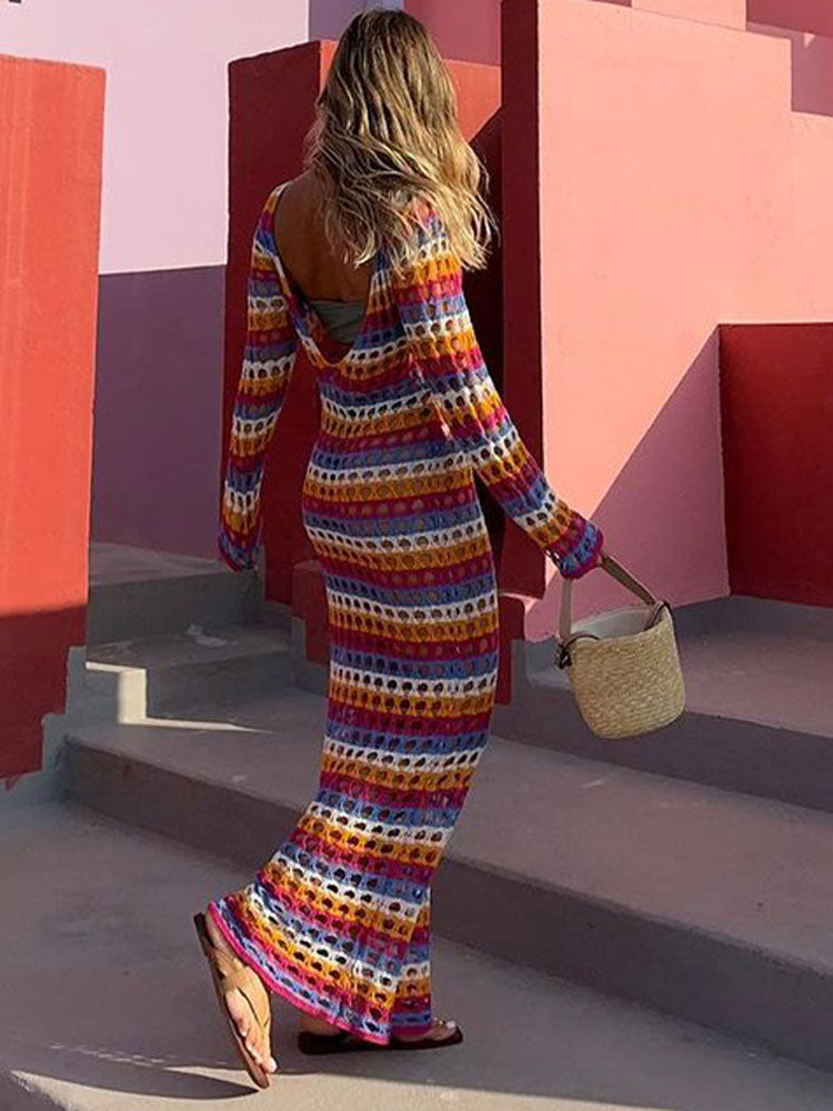 Long Sleeve Colorful Contrast Hollow Knit Maxi Dress, ibuyxi.com