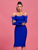 Blue Feather Off Shoulder Bandage Dress, ibuyxi.com