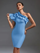 Elegant Blue Ruffle One Shoulder Bodycon Dress, ibuyxi.com