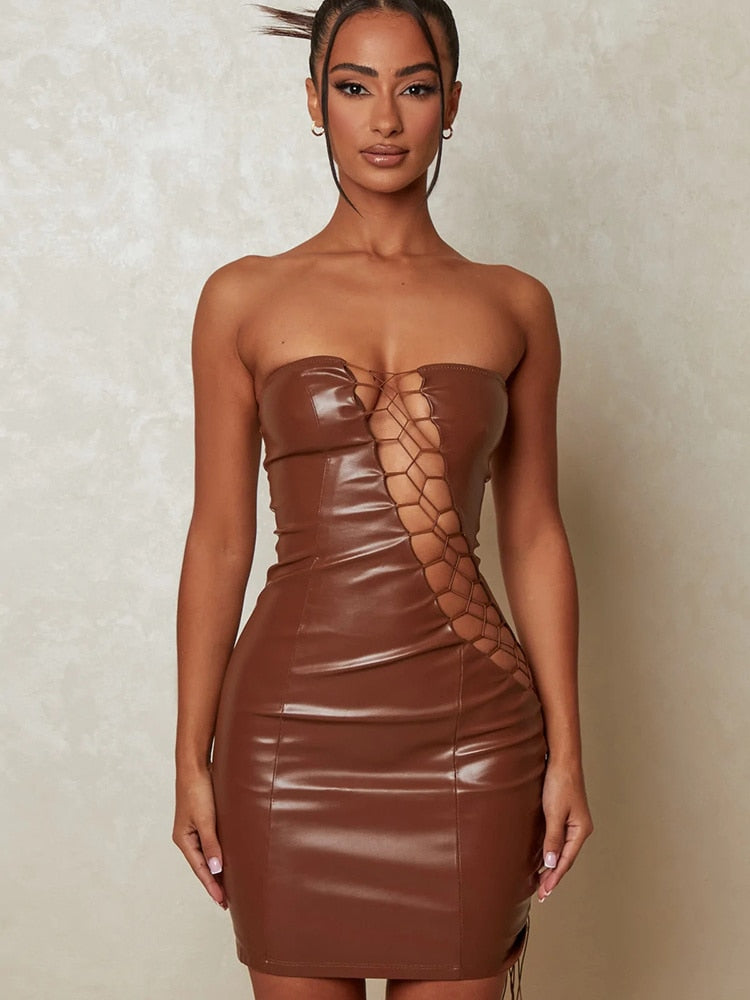 PU Leather Strapless And Backless Mini Dress