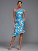 One Shoulder Blue Jacquard Mermaid Dress, ibuyxi.com