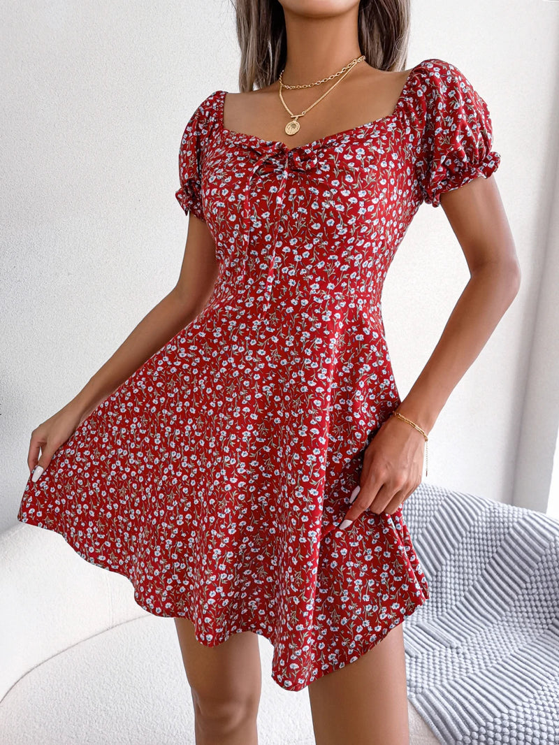 Ruffles Short Sleeve Floral Print A Line Dress