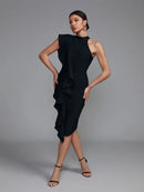Elegant Black Ruffle Midi Bodycon Dress, ibuyxi.com