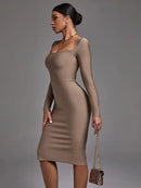 Khaki Long Sleeve Bandage Evening Dress
