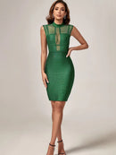 Elegant Green Metallic Mesh Insert Dress, iBuyxi.com