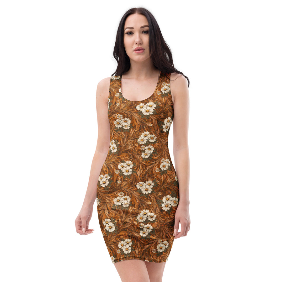 Burnt Umber Daisies Bodycon Dress