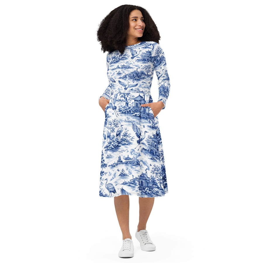 Stork Chinoiserie Long Sleeve Midi Dress