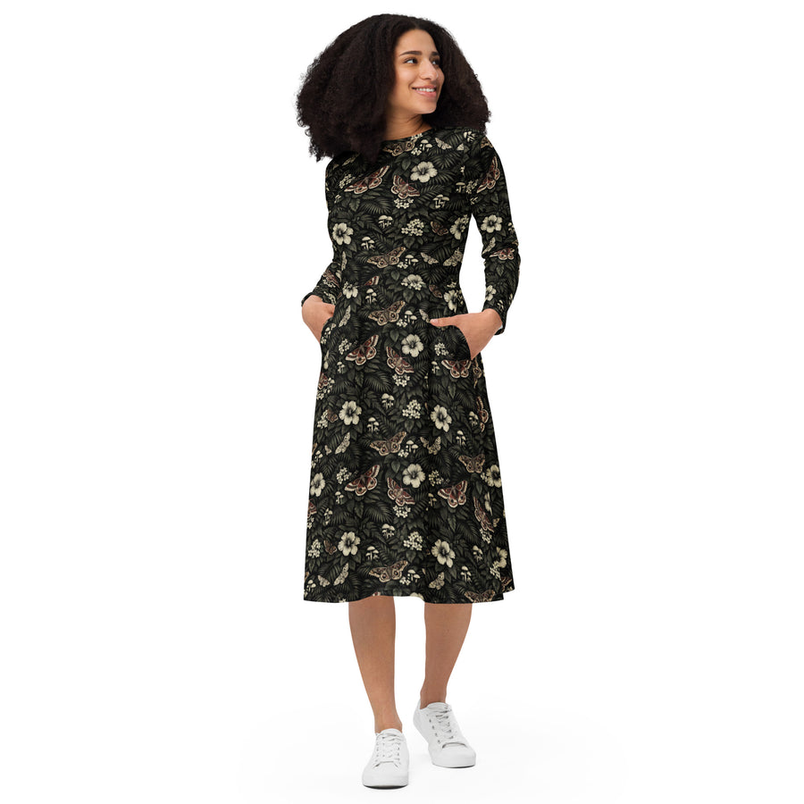 Dark Botanical Long Sleeve Midi Dress