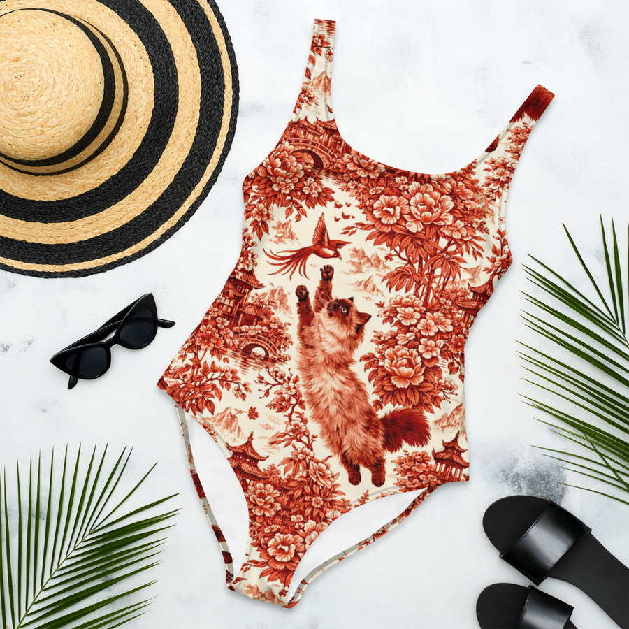 Siamese Cat Floral One-Piece Swimsuit