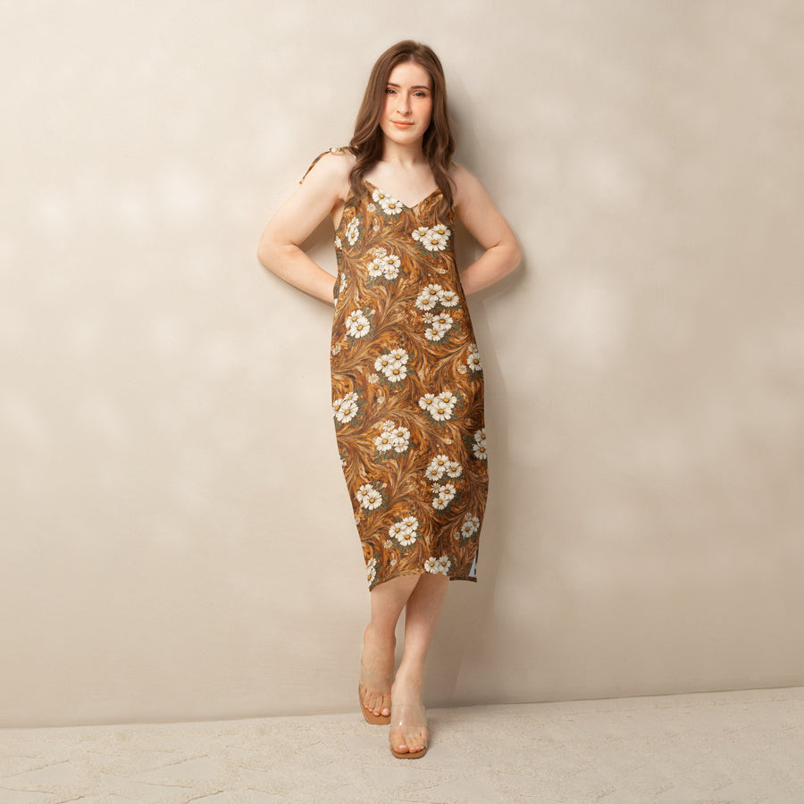 Burnt Umber Daisies Tie-Strap Midi Dress