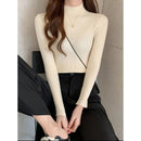 Autumn Winter Mock Neck Women Sweater Vintage Basic Solid Knitted Tops Casual Sl