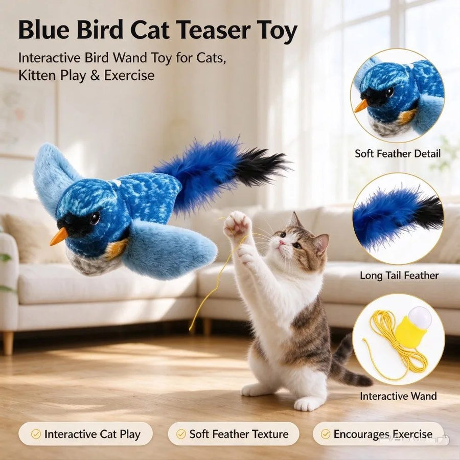 Interactive Cat Teaser Wand with Bird Sound & Retractable Feather Stick, Replace