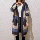 Long Hooded Striped Knit Cardigan