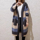 Long Hooded Striped Knit Cardigan