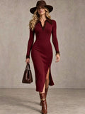Long Sleeve Slim Fit Dress Long Length Casual Turtleneck Button Women Dress