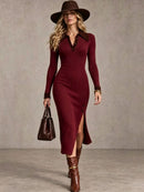Long Sleeve Slim Fit Dress Long Length Casual Turtleneck Button Women Dress