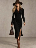 Long Sleeve Slim Fit Dress Long Length Casual Turtleneck Button Women Dress