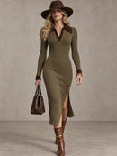Long Sleeve Slim Fit Dress Long Length Casual Turtleneck Button Women Dress