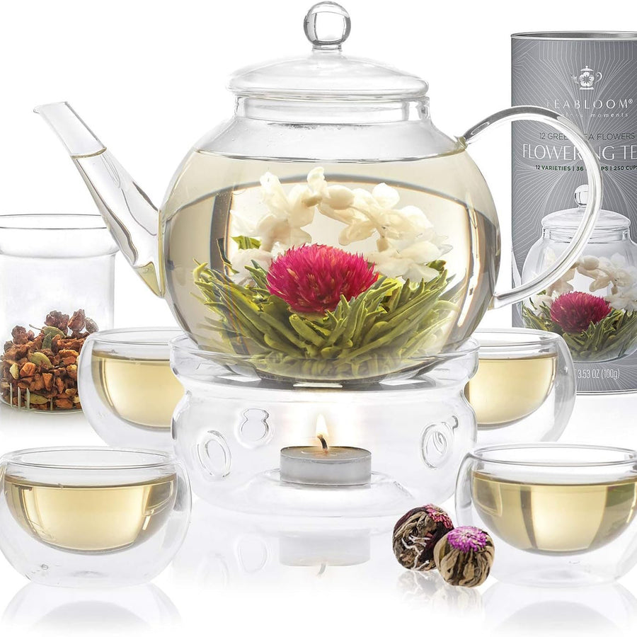 Blooming Tea Gift Set — Glass Teapot, Warmer, 4 Cups, 12 Flowering Teas