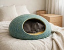 Handcrafted Wool Felt Cat Cave Bed in modern bedroom with grey British Shorthair cat