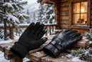 Men's Leather Touchscreen Winter Gloves - product on snowy cabin porch