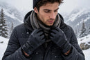 Men's Leather Touchscreen Winter Gloves - model in snowy mountains