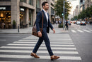 Men's Suede Tassel Loafers - tailored suit crossing city street