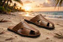 Men's Leather Slide Sandals - tropical beach sunset