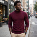 Men's Mock Turtleneck - burgundy on Black male model, city street
