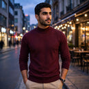 Men's Mock Turtleneck - maroon on Middle Eastern male model, city dusk