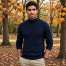 Men's Mock Turtleneck - navy on Hispanic male model, autumn trees