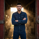 Men's Western Denim Snap Shirt - blue, barn doorway, dramatic lighting