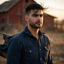 Men's Western Denim Snap Shirt - dark wash, intense portrait, dramatic lighting