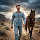 Men's Western Denim Snap Shirt - light wash, stormy walk with horse, cinematic
