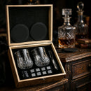 Whiskey Stones Glasses Gift Set - empty glasses in box on antique sideboard