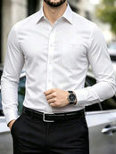 Mens Solid White Long Sleeve Dress Shirt Slim Fit Button Down Formal Business Ca