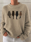 New Women's Cute Cat Print Knit Sweater, Relaxed Fit Crew Neck Long Sleeve Pullo