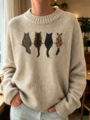 New Women's Cute Cat Print Knit Sweater, Relaxed Fit Crew Neck Long Sleeve Pullo