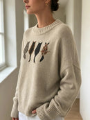 New Women's Cute Cat Print Knit Sweater, Relaxed Fit Crew Neck Long Sleeve Pullo