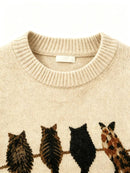 New Women's Cute Cat Print Knit Sweater, Relaxed Fit Crew Neck Long Sleeve Pullo