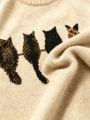 New Women's Cute Cat Print Knit Sweater, Relaxed Fit Crew Neck Long Sleeve Pullo