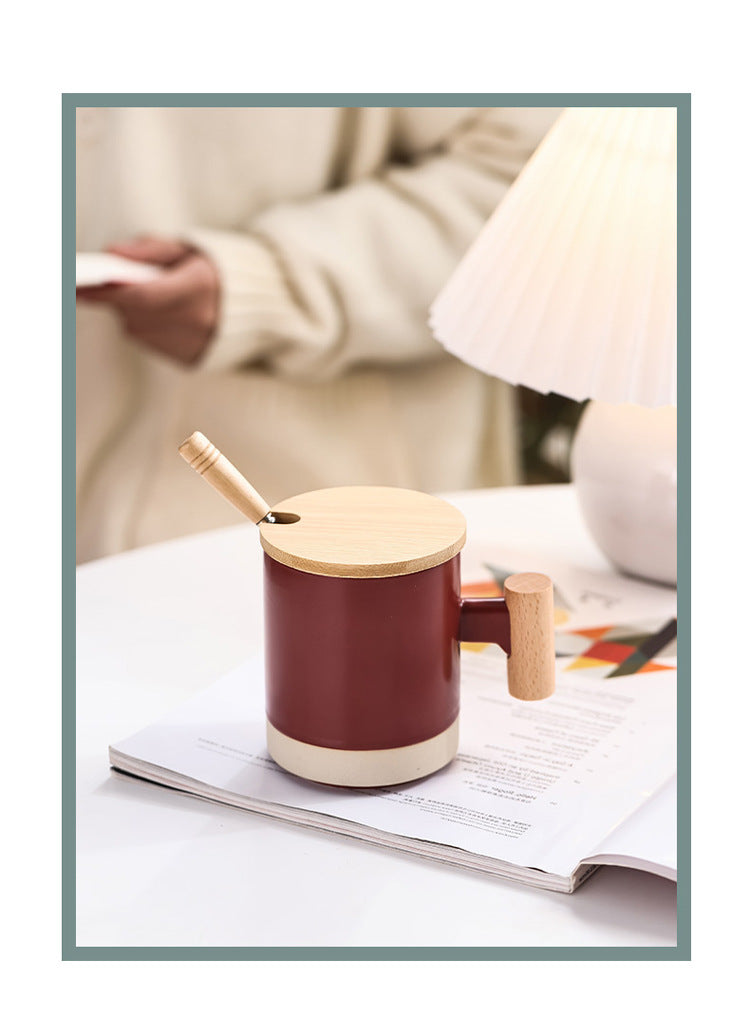 360ml Wooden Handle Mug Ceramic Cup with Lid, ibuyxi.com