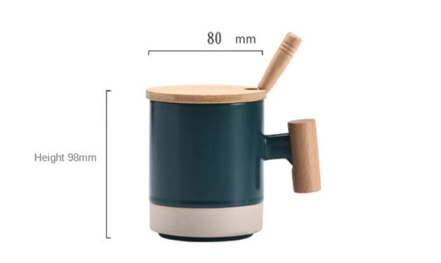 360ml Wooden Handle Mug Ceramic Cup with Lid, ibuyxi.com