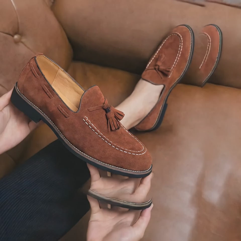 Men's Suede Tassel Loafers - brown with city lights timelapse